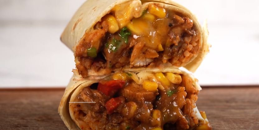 chicken burritos sliced into two halves